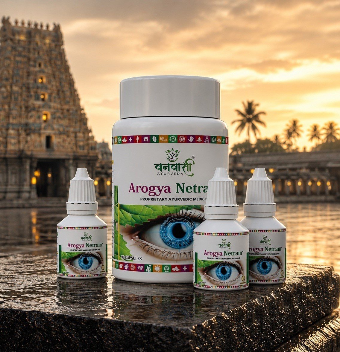 Arogya Netram — आरोग्य नेत्रम with temple background